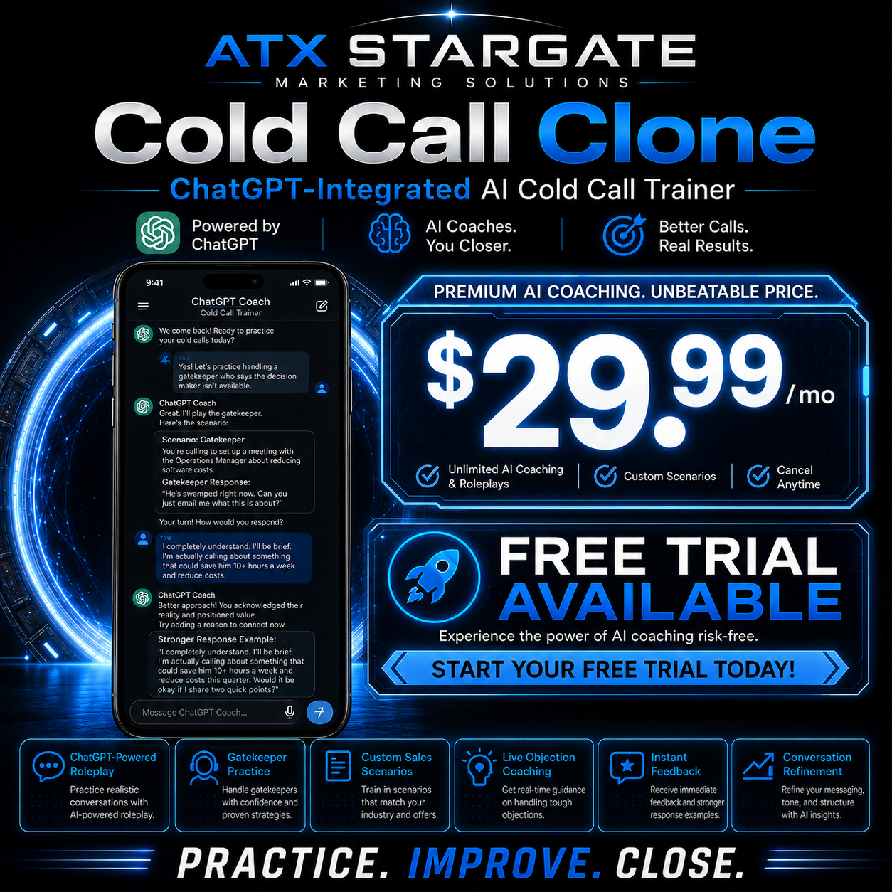 Cold Call Clone custom ChatGPT-integrated AI cold call trainer by ATX Stargate Marketing Solutions